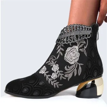 Женские ботильоны 2023 года; винтажные женские ботильоны с цветочной вышивкой в богемном стиле на молнии; весенние женские ботинки