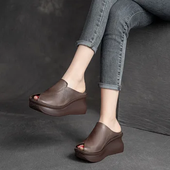 Летняя женская обувь, тапочки на платформе, Женская обувь из натуральной кожи на танкетке, тапочки на высоком каблуке Для женщин, ретро-сандалии, Женская обувь