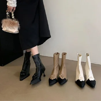 Французские короткие сапоги с цветочным узором для женщин весной и осенью, новая ниша, острый носок, подходящие по цвету туфли на тонком каблуке, эластичные и простые ботинки sl