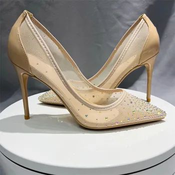 Лоскутная марлевая сетка, стразы, женские туфли на высоком каблуке с острым носком, Элегантные свадебные туфли-лодочки на шпильке телесного цвета