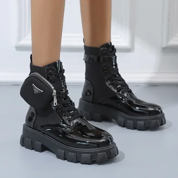Модные женские ботильоны 2023 года, мотоциклетные ботинки на платформе в стиле панк, женская дизайнерская обувь на шнуровке с карманом и пряжкой на ремне, черные короткие сапоги