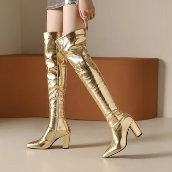 Золотые, серебряные, выше колена, Женские длинные сапоги выше колена на молнии сбоку, на высоком каблуке 8,5 см с острым носком, Большие размеры 34-47