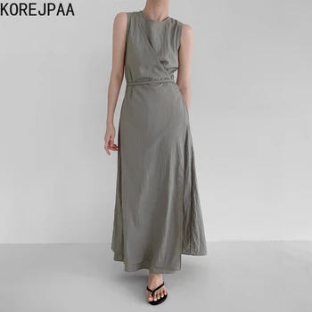 Летнее платье Korejpaa, Корейское шикарное Простое универсальное платье на бретелях с круглым вырезом, женское цельнокроеное платье без рукавов с завязками, тонкая талия, халат