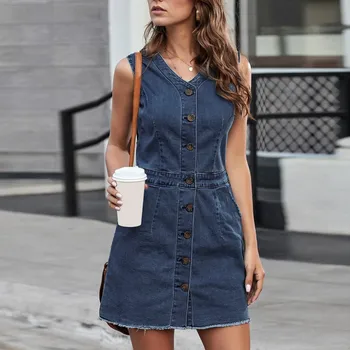 Женское джинсовое короткое платье, повседневные джинсы без рукавов с V-образным вырезом, мини-платья на пуговицах для поездок на работу, платья для повседневной носки 2023