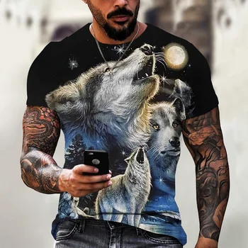 Мужская Летняя Новая футболка с 3D принтом животных, Волка и Луны, Топ с короткими рукавами, Модная уличная футболка в стиле Хип-хоп, Большие размеры, Мужская одежда