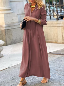 Осенний женский повседневный стиль со средними рукавами, материал полиэстер, новинка 2023 года, модное платье-поло с широкими рукавами, однотонное платье