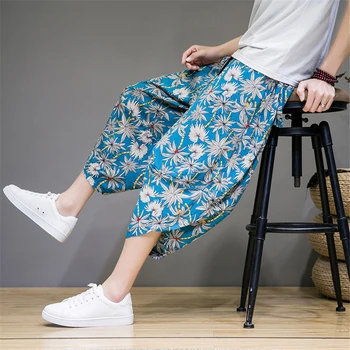 Летние льняные брюки, мужская уличная одежда в стиле хип-хоп, брюки длиной до икр с цветочным граффити, Модные Свободные брюки, мужской низ в стиле Харадзюку