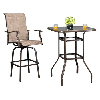 Набор стульев для высокого барного стола в патио из кованого железа, стекла, ткани Teslin, коричневого цвета, содержит 1 стол, 2 стула, уличную мебель [В наличии в США]