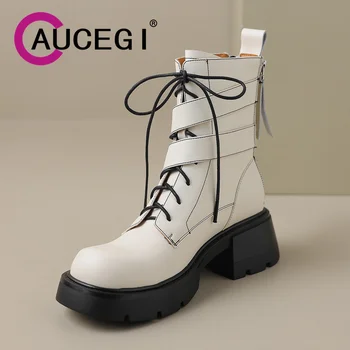 Aucegi/ Женские Удобные ботильоны на молнии, платформе и высоком квадратном каблуке, Модная осенне-зимняя черная повседневная обувь с круглым носком и пряжкой на шнуровке