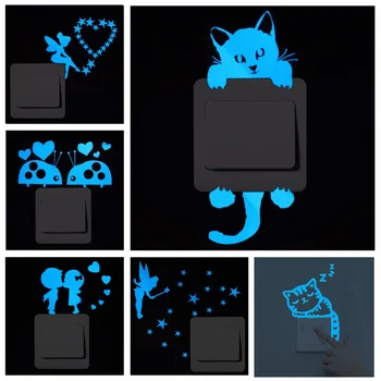 Мультяшная наклейка со светящимся переключателем, светящиеся в темноте наклейки на стены, домашний декор, украшение детской комнаты, наклейка с изображением кошки-феи