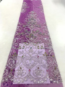 Африканская кружевная ткань с бисером 2022, 5 ярдов белого цвета для свадебных платьев, высококачественный Дубайский сетчатый тюль с блестками, хрустальные бусины ручной работы