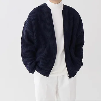 Мужской модный свитер, пальто осенней вязки, однотонный цвет, с карманами, круглый вырез, молния, мужская длинная одежда, повседневный корейский стиль в стиле панк