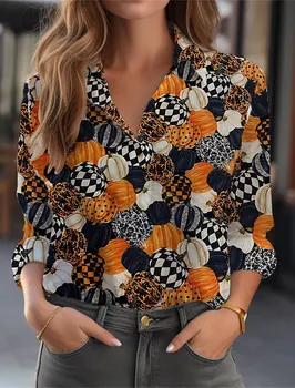 Осенняя Новая дизайнерская сексуальная блузка с V-образным вырезом и принтом, элегантная женская модная одежда на пуговицах с длинным рукавом, женский топ, винтажная рубашка XS-8XL