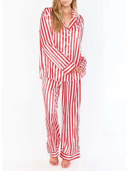 Женский Рождественский пижамный комплект, полосатая рубашка с длинным рукавом, брюки с эластичной резинкой на талии, пижамы для рождественских праздников, 2 предмета одежды для отдыха
