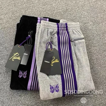 Новые брюки Needles Для мужчин и женщин, Фиолетовая полосатая тесьма, Серые брюки с вышивкой в виде бабочки, y2k