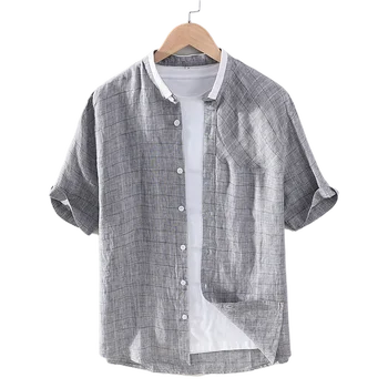 Свежая мужская льняная рубашка в клетку с короткими рукавами, летняя тонкая молодежная свободная хлопковая льняная рубашка в литературном стиле