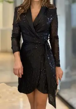 Женские платья с V-образным вырезом, осень 2023, Сексуальное вечернее платье с блестящей талией на шнуровке и длинным рукавом, Элегантная женская офисная юбка для поездок на работу