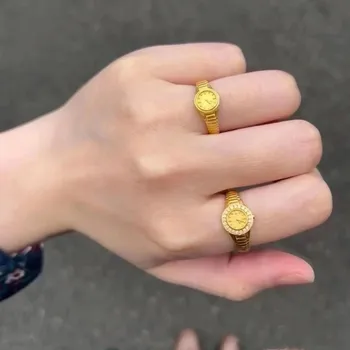 Креативные кольца в форме часов золотого цвета для женщин, Регулируемое Открытое кольцо Для мужчин, Винтажные Хрустальные украшения для обручения на палец, подарок