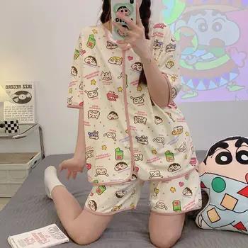 Пижамный комплект Kawaii Crayon Shinchan, женские летние шорты с короткими рукавами и рисунком Аниме, Комплект домашней одежды с принтом