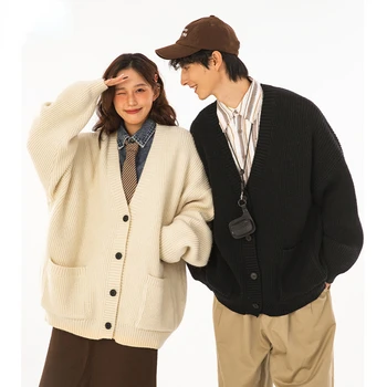 Корейская уличная мода, однобортный кардиган, Осень-зима, Однотонное Мужское вязаное пальто с карманами, Повседневные свитера для влюбленных, Кардиганы