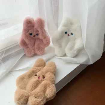 Корейские плюшевые кошельки с кроликами, мини-держатели для карт, милые сумки на молнии с вышивкой животных для девочек, кошельки для монет, милый кошелек