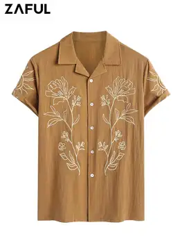 Мужские рубашки ZAFUL с абстрактной вышивкой в виде цветочных растений, отложной воротник, рубашка с короткими рукавами, Топы для летних каникул Z5098401