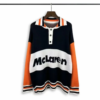 Жаккардовый свитер со стоячим воротником для мужчин и женщин большого размера 2023fw Оранжевые толстовки