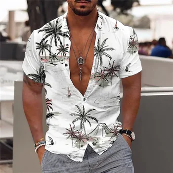 Летняя мужская рубашка с 3D-принтом Hawaii New Tree Coconut, топы с коротким рукавом с рисунком, модная одежда 2023, пляжная блузка 5xl