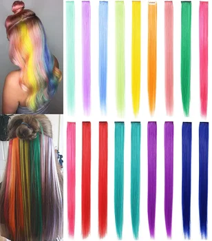 Новинка, 1 шт., модный цветной бесшовный парик для девочек с длинными прямыми волосами и цветной заколкой для наращивания волос